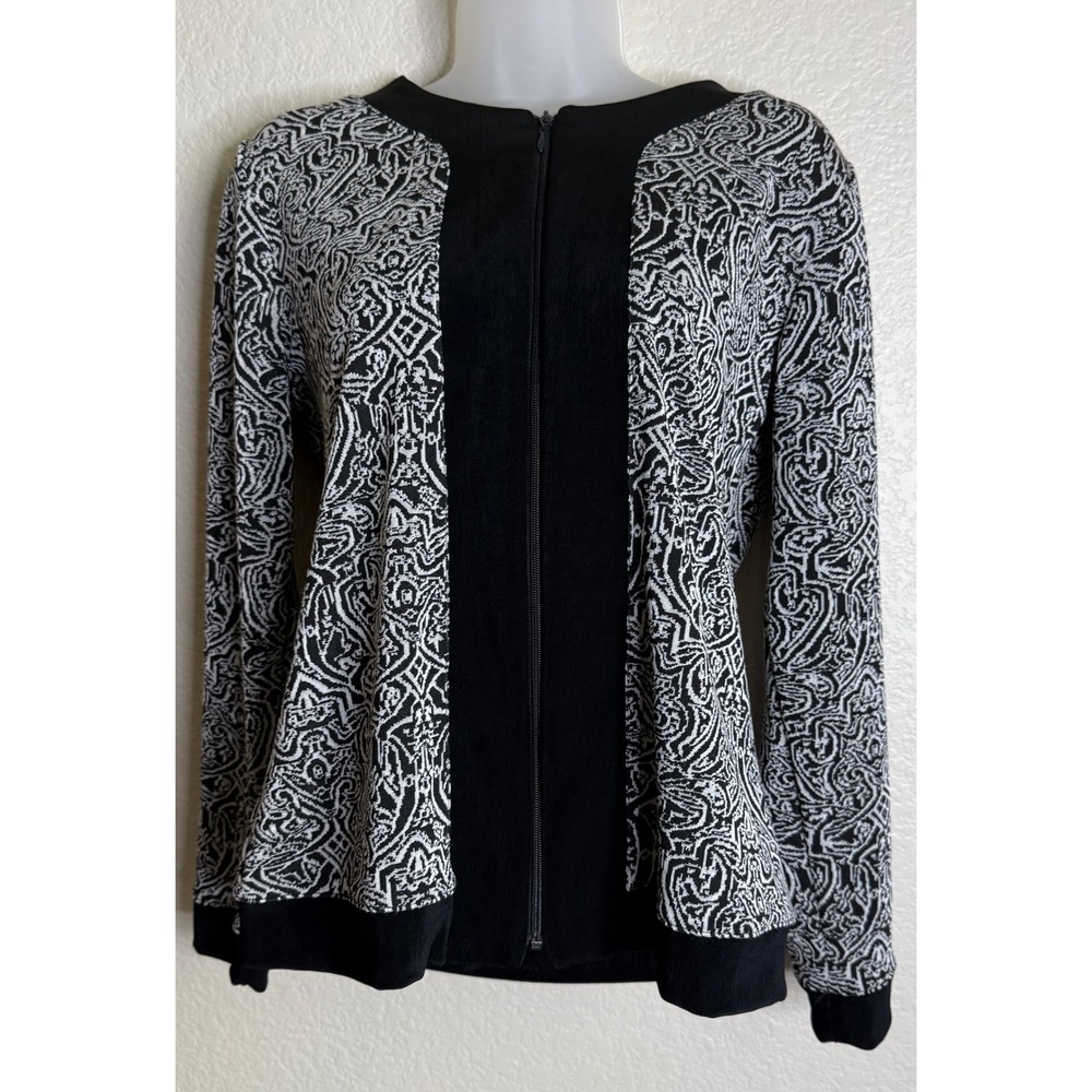 Chicos Travelers 0 US Small Full Zip‎ Jacket Black White Paisley Artsy  Damask
